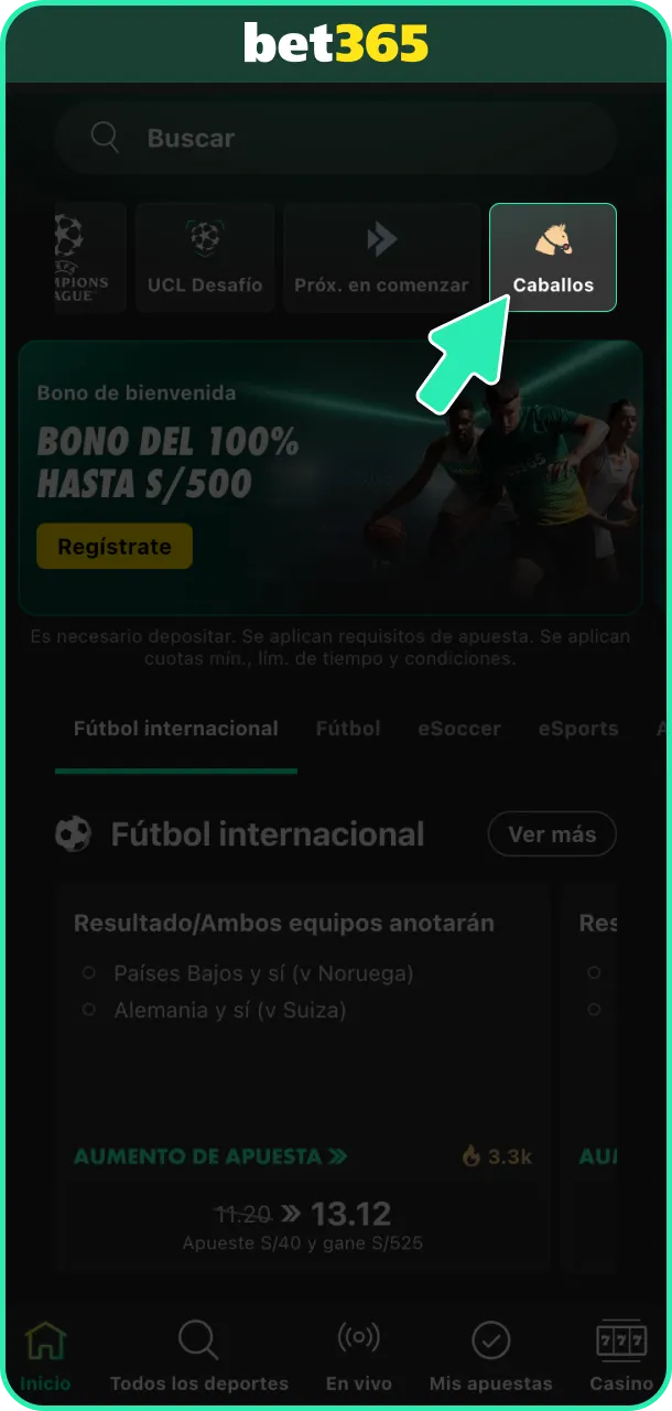 Elige la carrera de caballos en el menú de deportes de Bet365.
