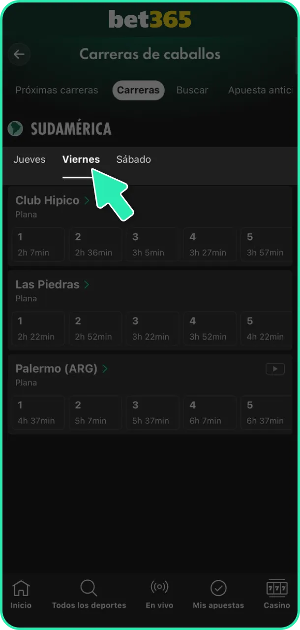 Selecciona tu tipo de apuesta preferida para carreras de caballos en Bet365.