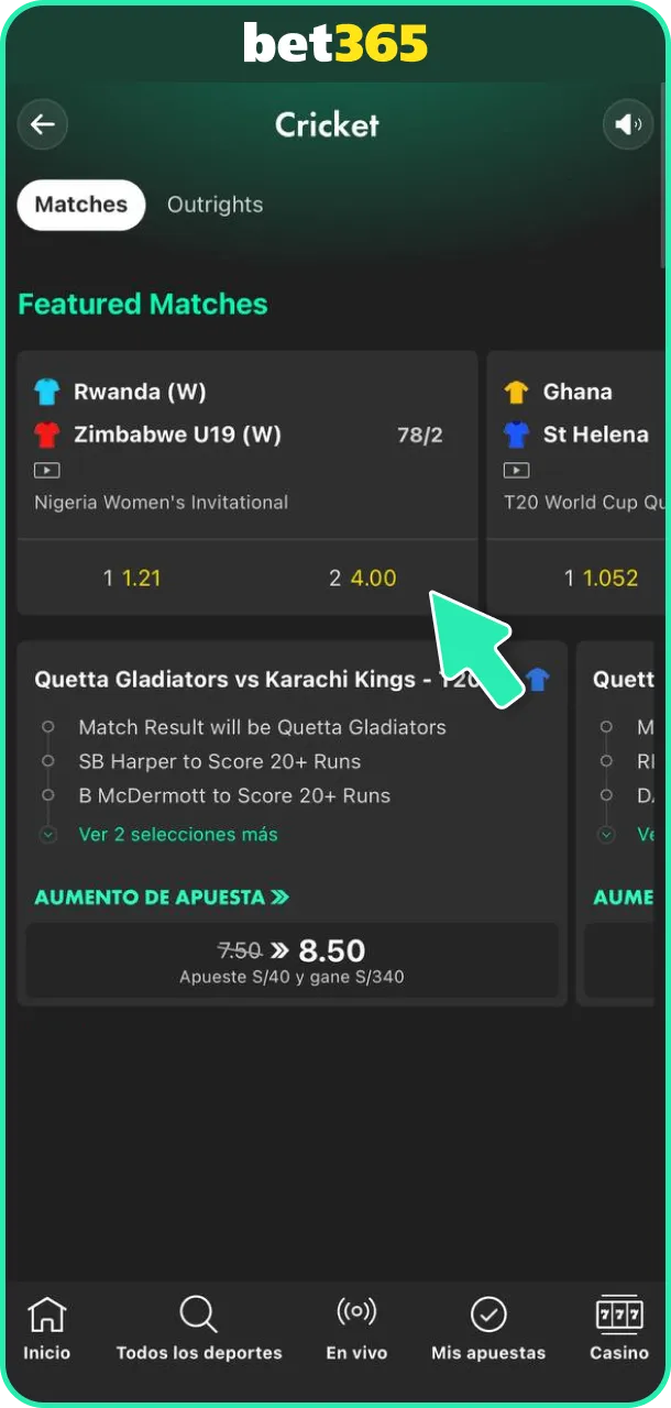 Elige un partido y un mercado de cricket en Bet365.