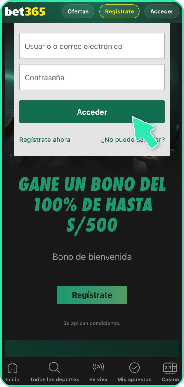 Inicia sesión y deposita fondos para apostar al cricket en Bet365.