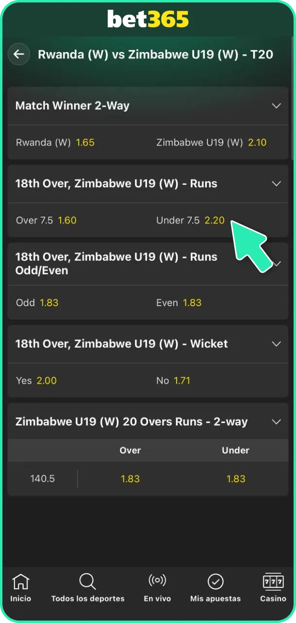 Añade tus selecciones al cupón de apuestas de cricket en Bet365.