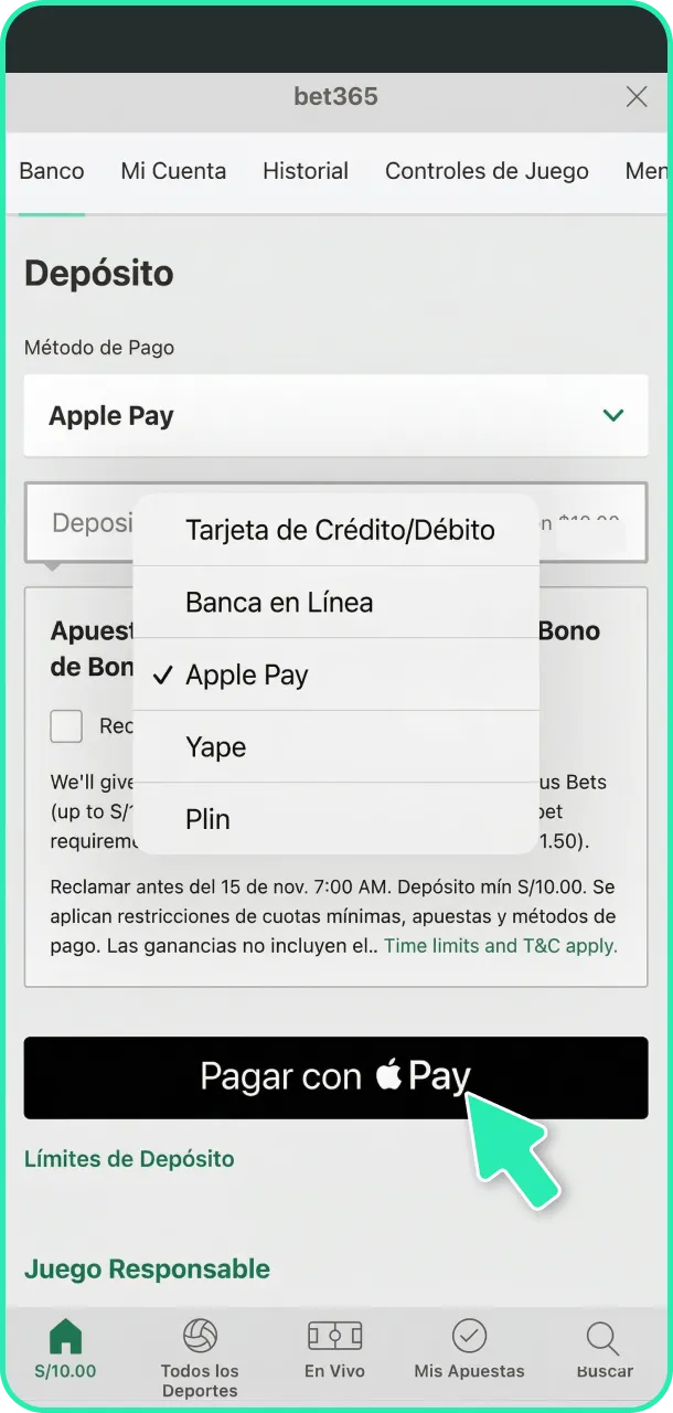 Deposita fondos de manera segura en tu monedero de Bet365.