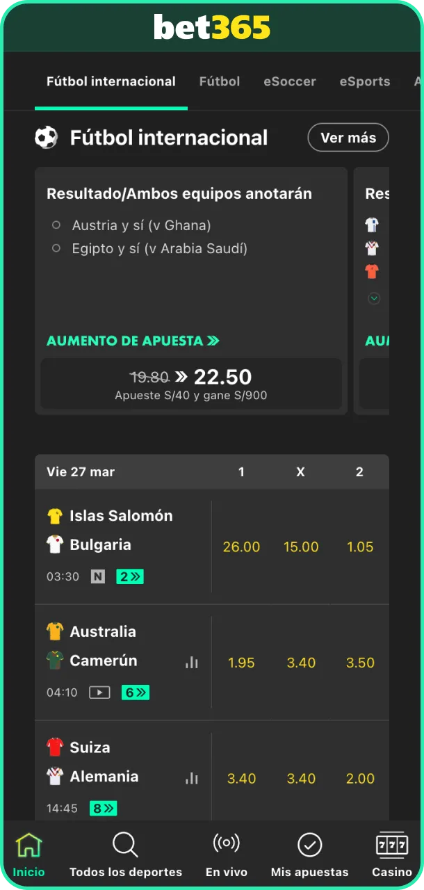 Elige un mercado o juego disponible en el catálogo de Bet365.