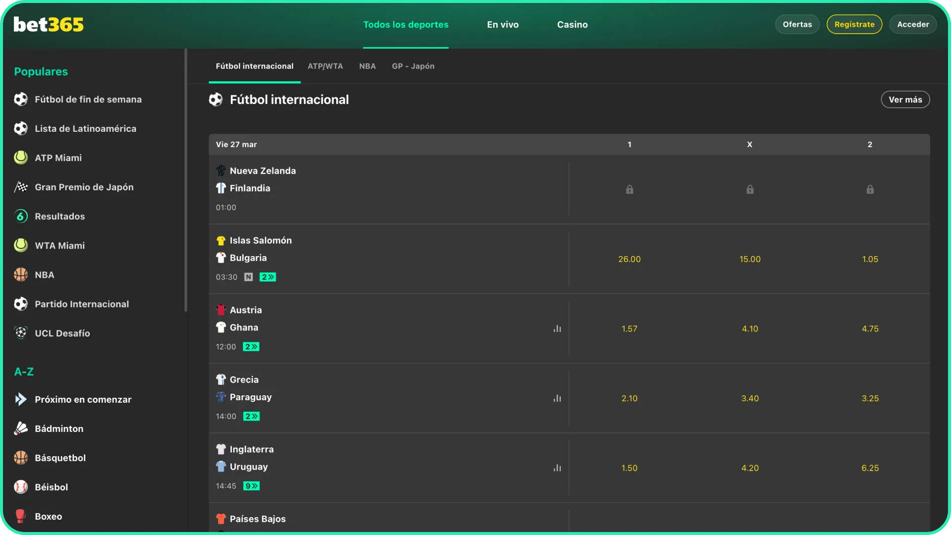 Explora la sección de deportes y mercados disponibles en Bet365.