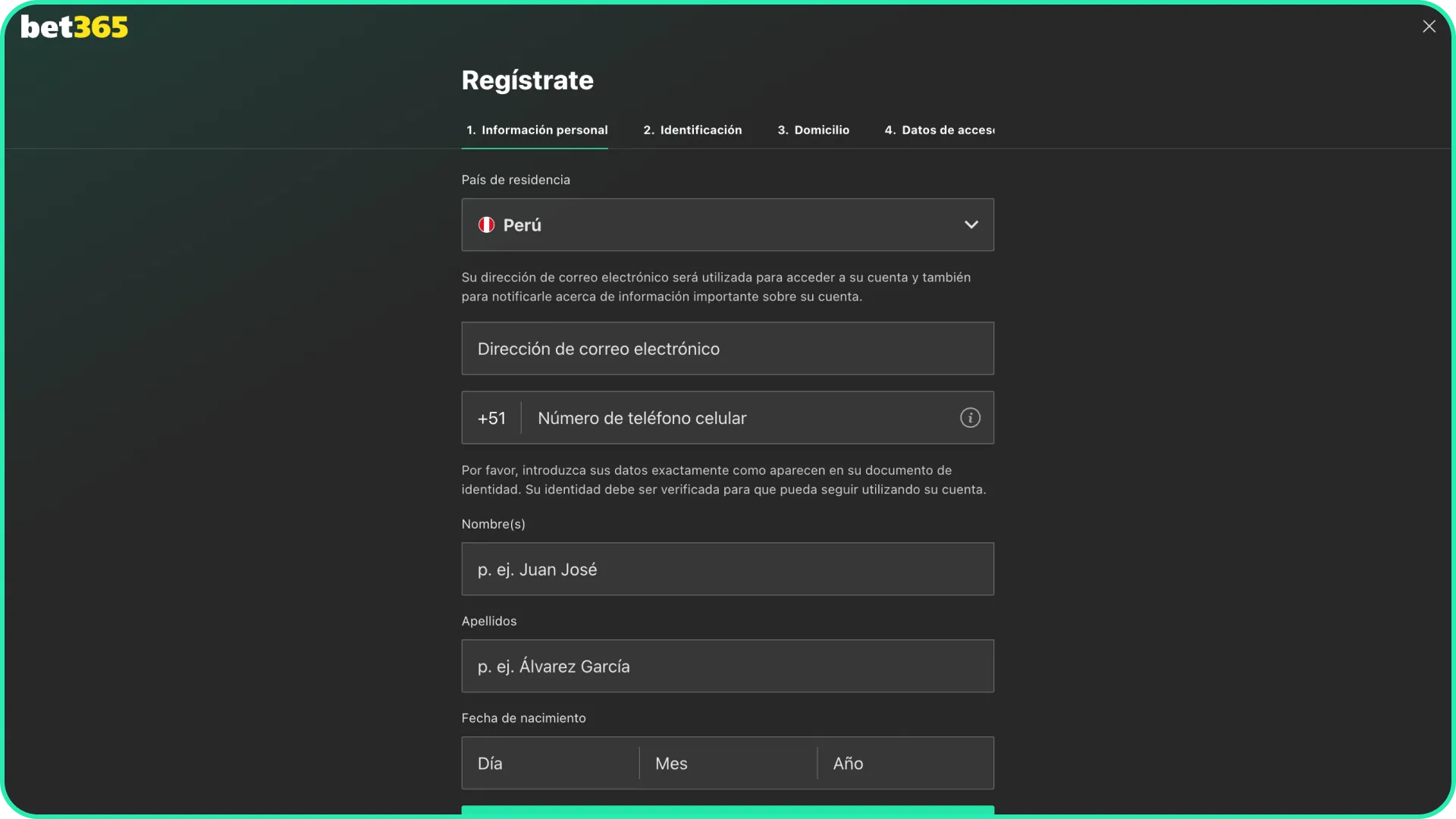 Regístrate en Bet365 completando el formulario de usuario en Perú.