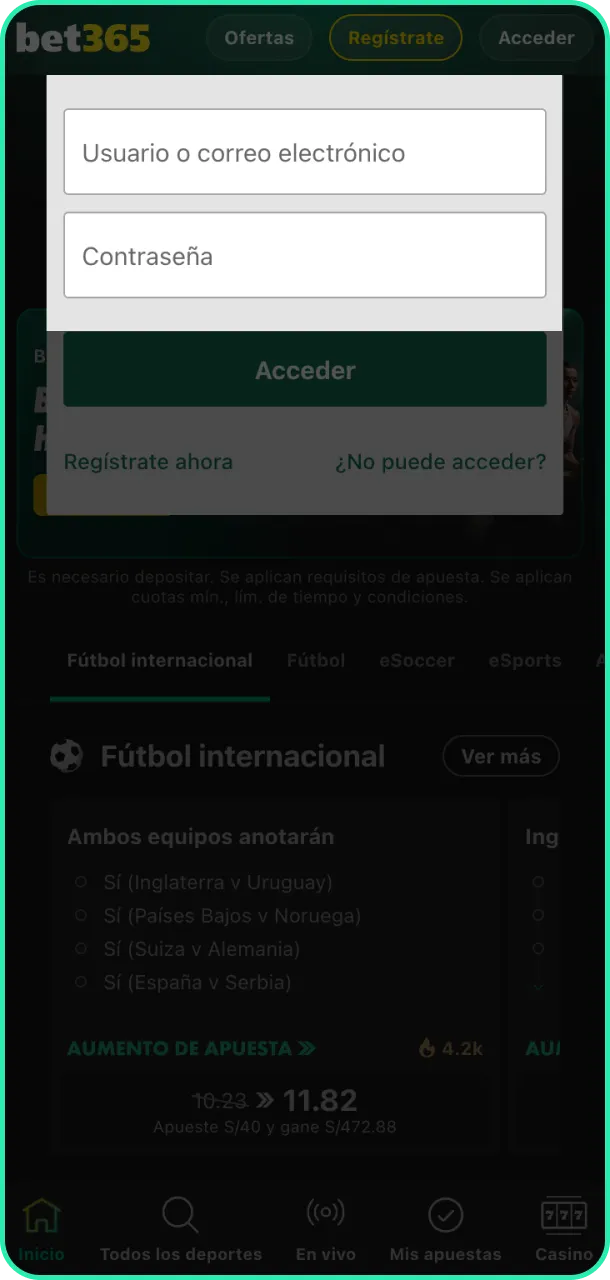 Añade tus credenciales de usuario para ingresar a tu cuenta Bet365.