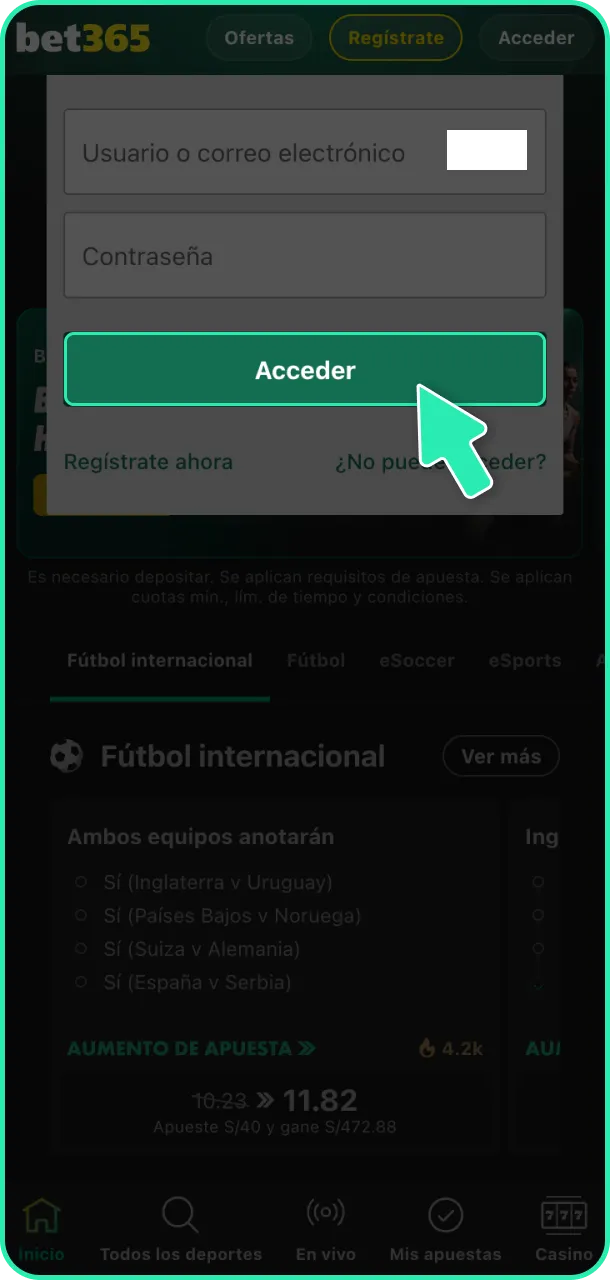 Haz clic en iniciar sesión y comienza a jugar en Bet365.