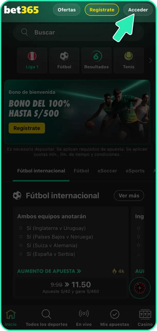 Presiona el botón de acceder en la página oficial de Bet365.