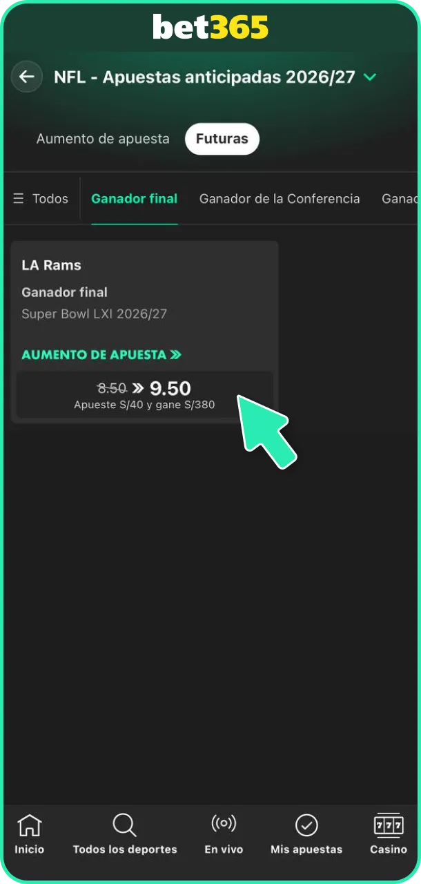 Confirma y coloca el pronóstico de fútbol americano en Bet365.