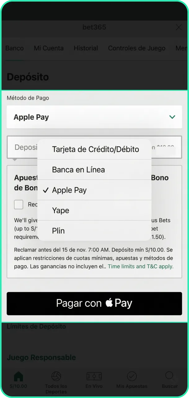 Realiza un depósito seguro para jugar al fútbol americano en Bet365.