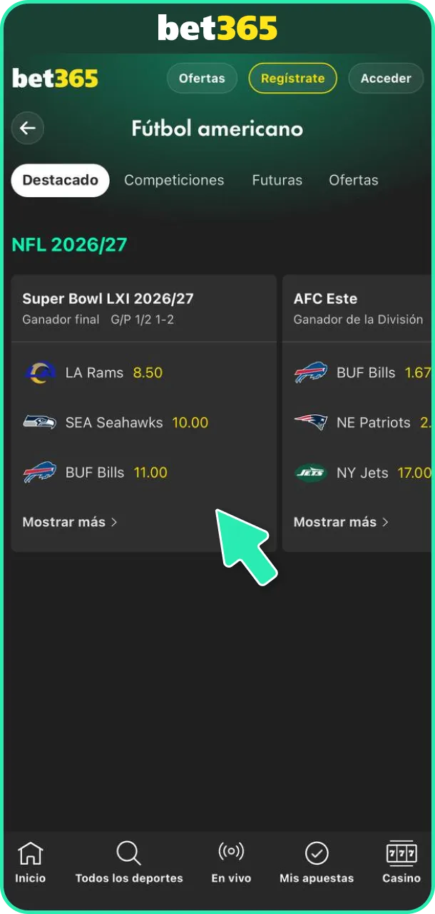 Configura tu apuesta de fútbol americano en el cupón de Bet365.