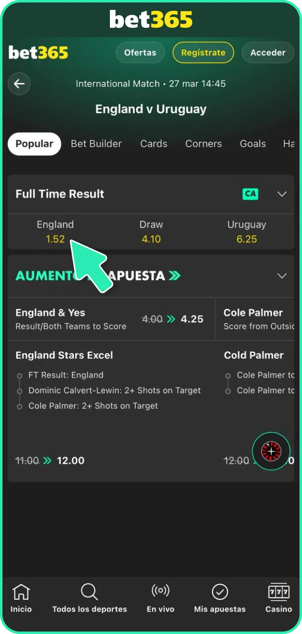 Determina tu pronóstico y confirma tu apuesta de fútbol en Bet365.