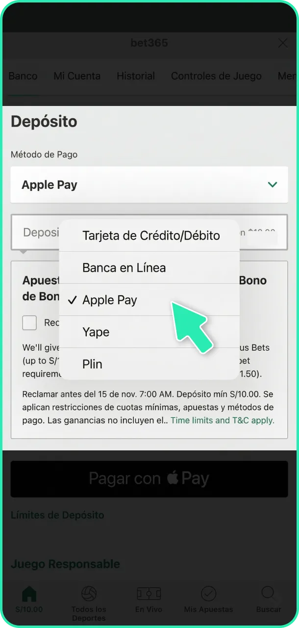 Deposita fondos para apostar en partidos de fútbol en Bet365.