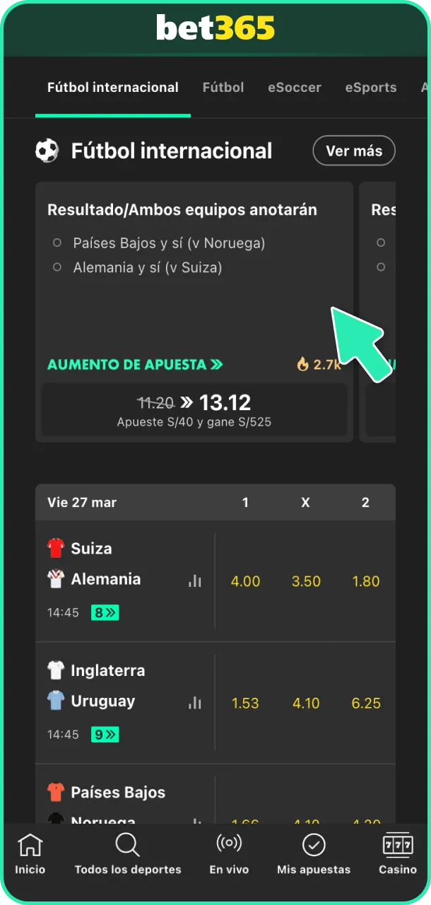 Elige el evento de fútbol de tu preferencia en Bet365.