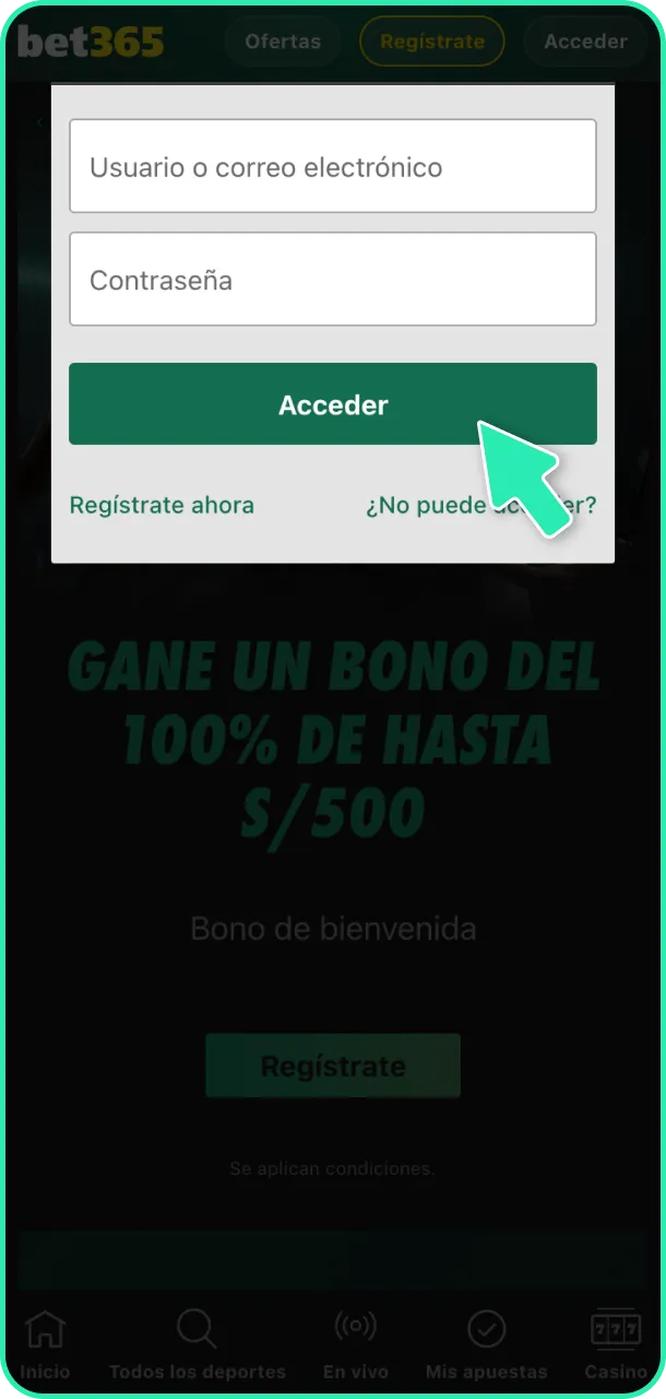 Ingresa a tu cuenta de fútbol en la plataforma Bet365.