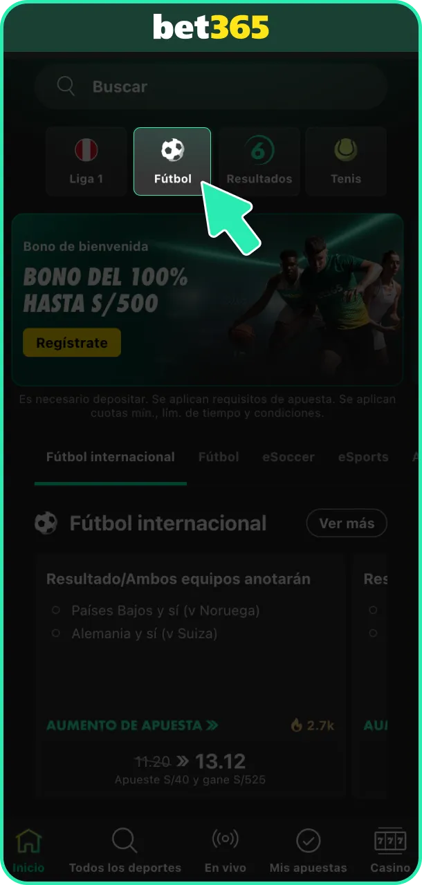 Selecciona el deporte de fútbol dentro del menú de Bet365.