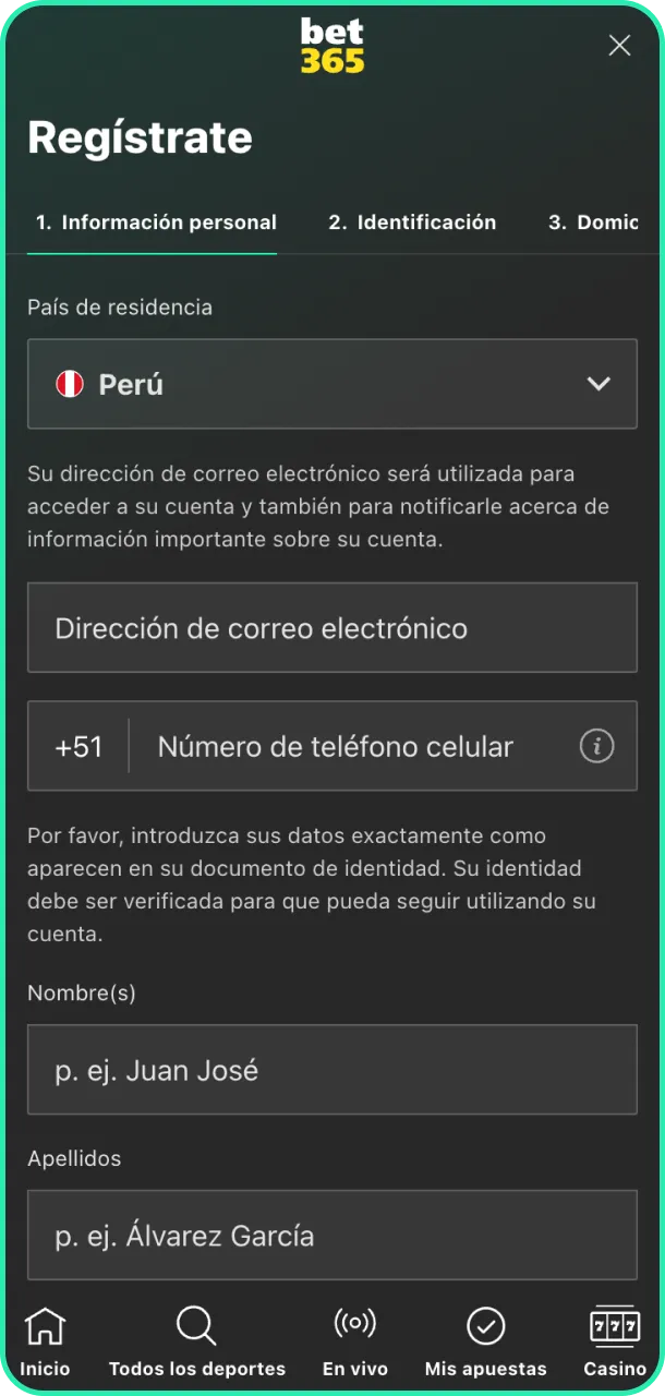 Crea tu cuenta y verifícala para reclamar el bono de Bet365.