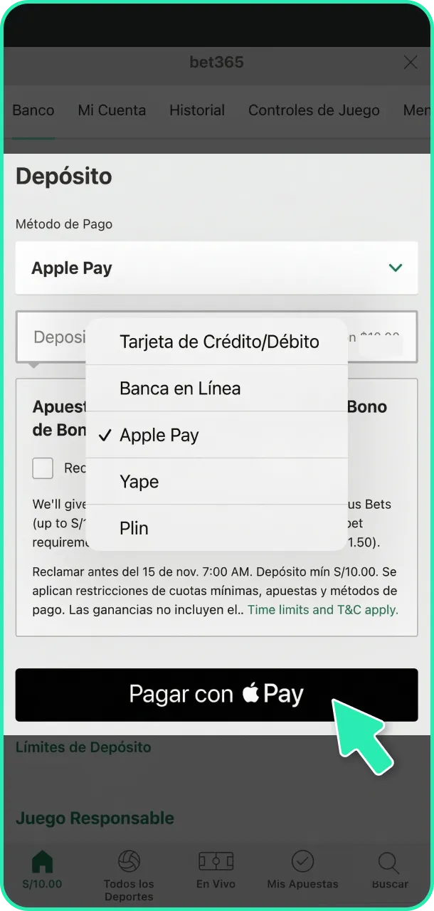 Deposita saldo en tu cuenta para habilitar el bono de Bet365.