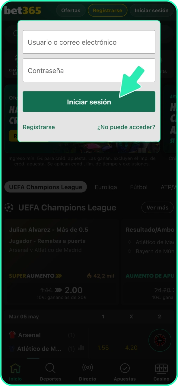 Inicia sesión en tu cuenta existente en el sitio web de Bet365.