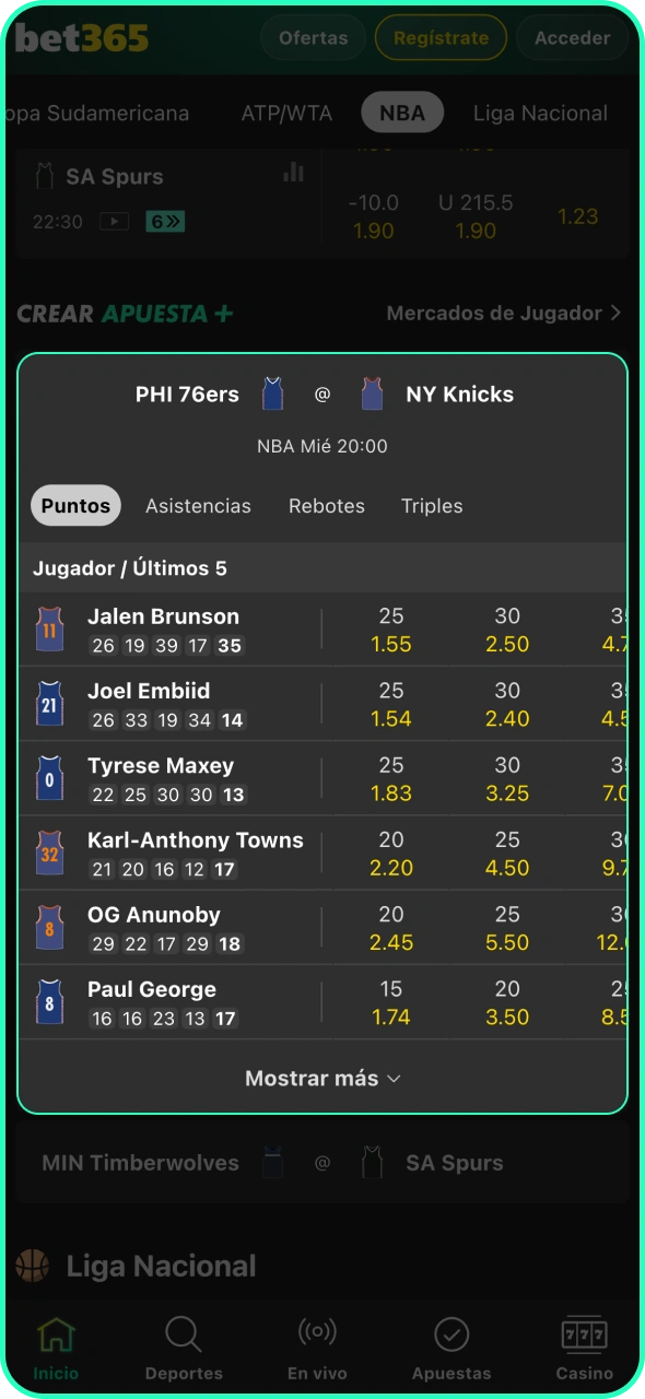 Selecciona un partido de baloncesto para apostar en Bet365.