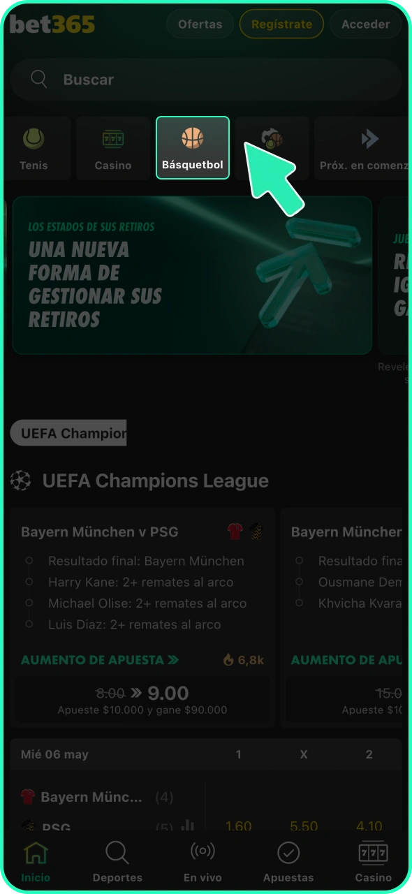 Ve a la sección de deportes de Bet365.
