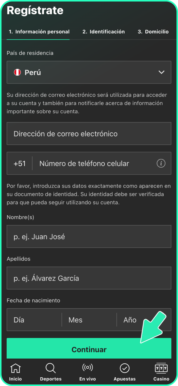 Crea una cuenta personal en el casino Bet365.