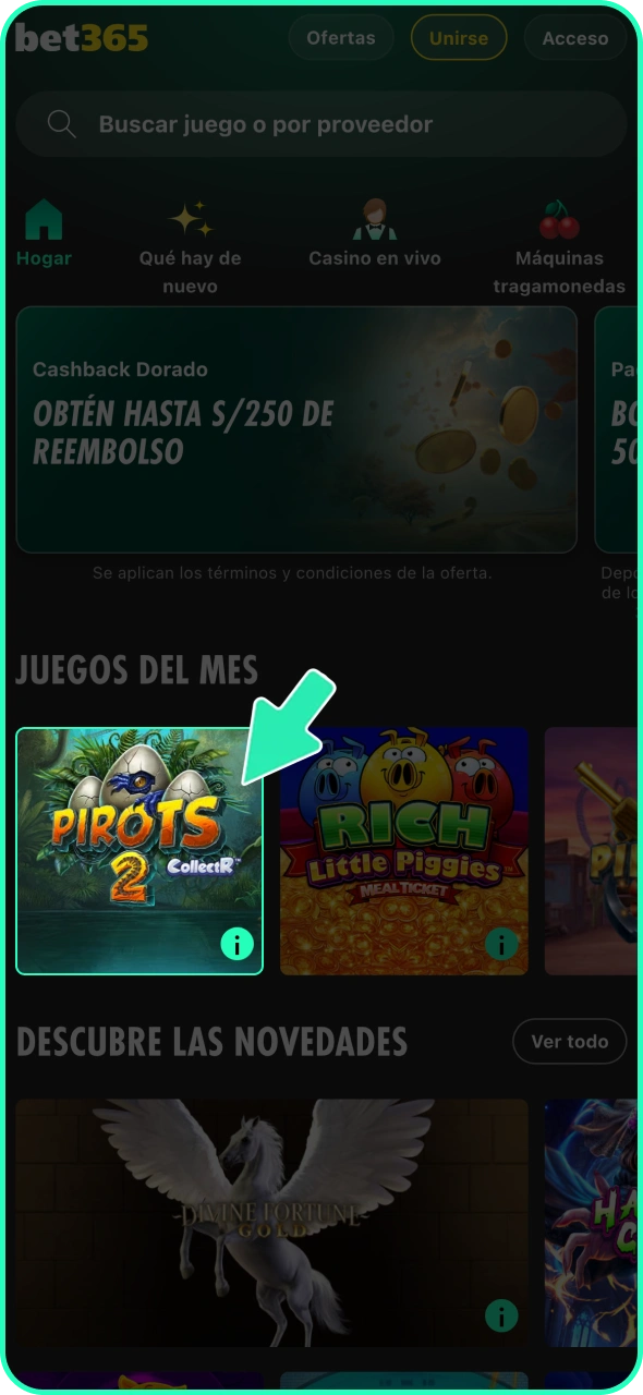 Abre la sección de casino de Bet365 y empieza a jugar.