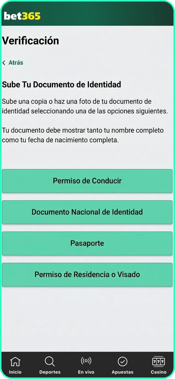 Verifica tu cuenta para empezar a jugar en Bet365.