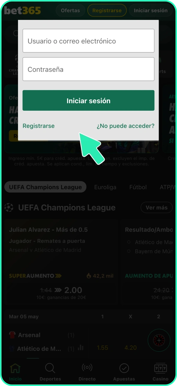 Inicia sesión en tu cuenta personal en Bet365.