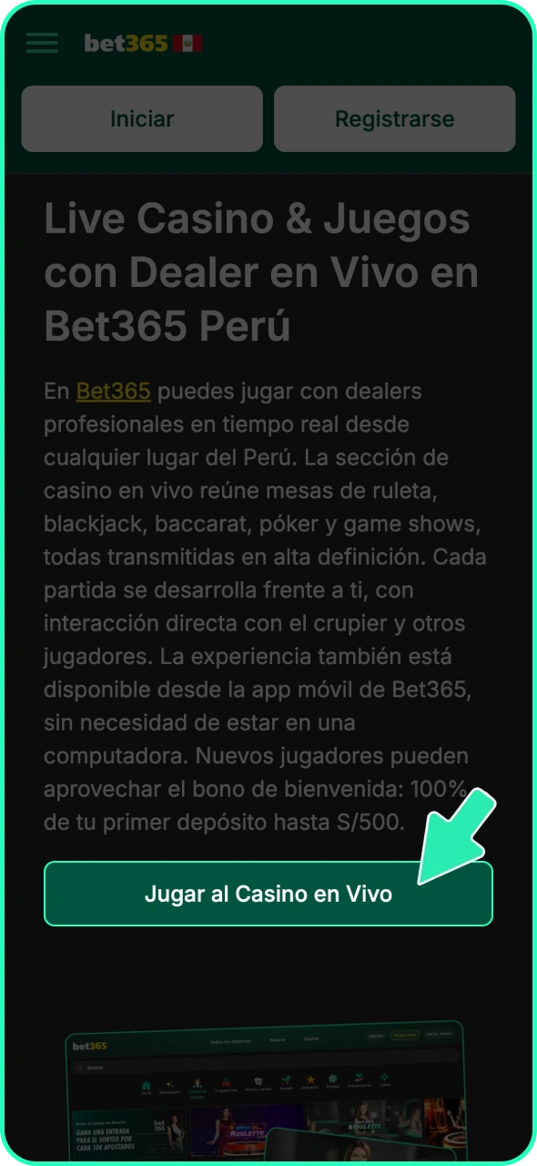 Haz clic en el botón de la página de Bet365 para empezar a jugar en el casino en vivo.
