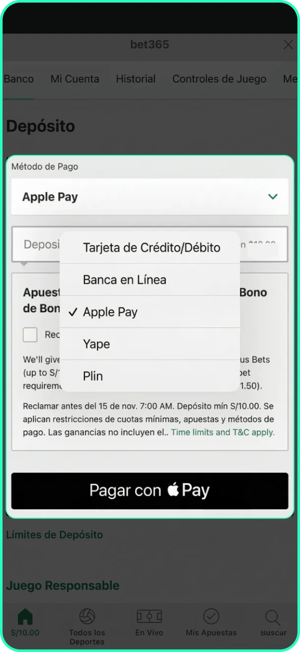 Realiza un depósito en Bet365 para empezar a jugar.