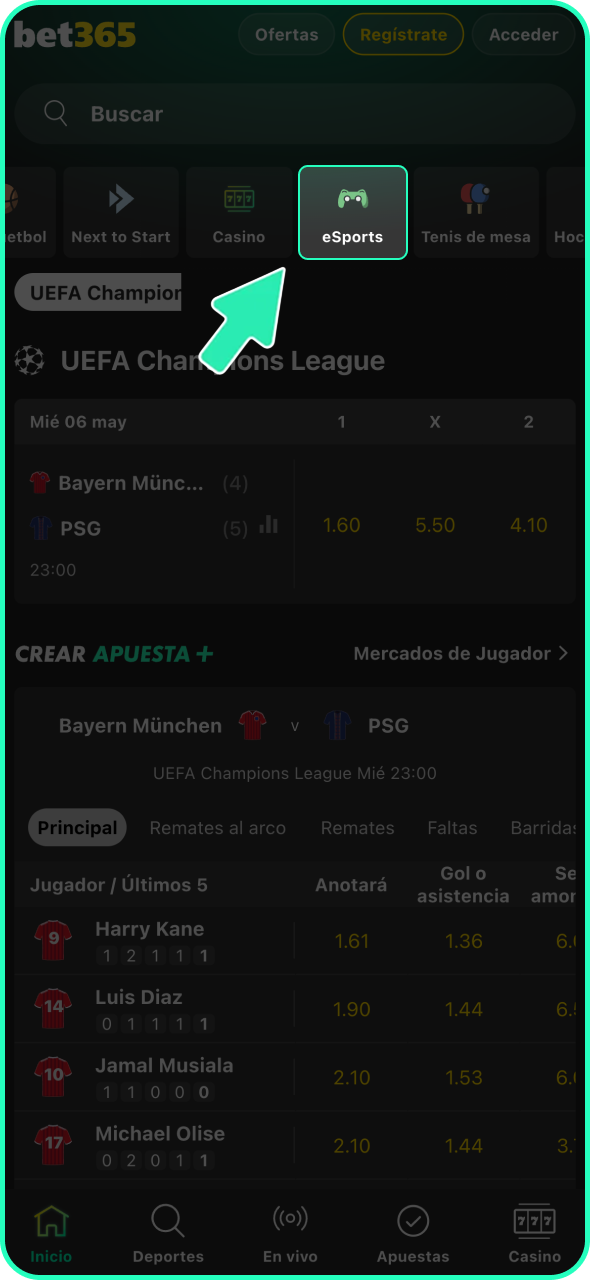 Navegue hasta la sección de eSports en la plataforma de Bet365.
