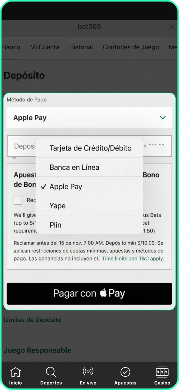 Realiza un depósito para activar las ventajas de Bet365.
