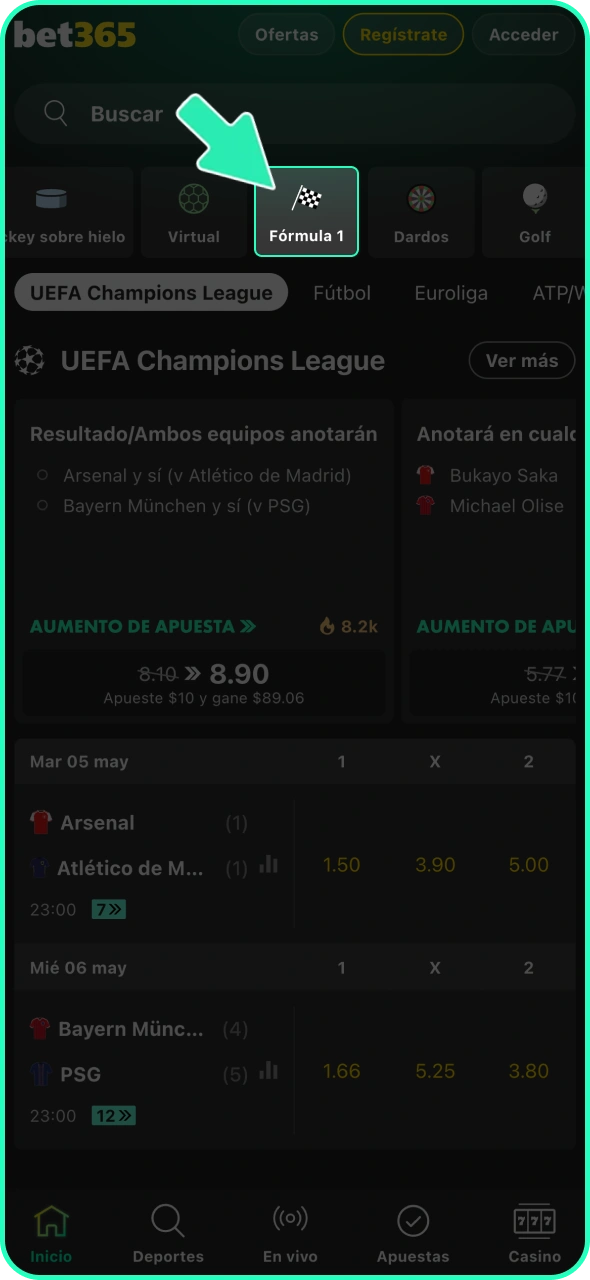 Acceda a la sección de deportes de Bet365 y seleccione Fórmula 1.