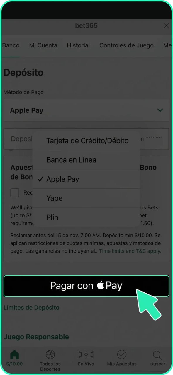 Recarga tu cuenta personal en Bet365.