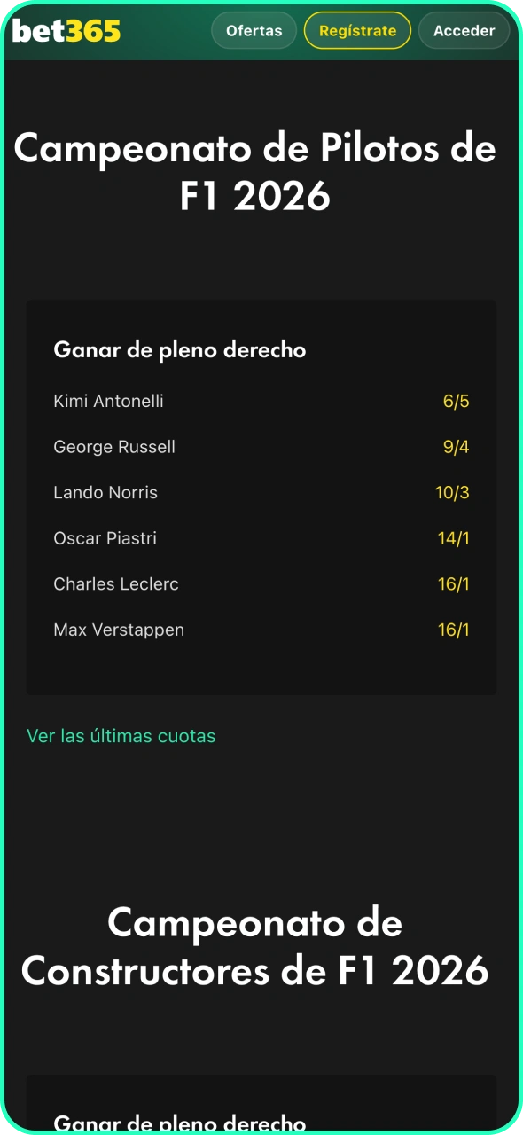 Selecciona el evento de F1 para apostar en la plataforma Bet365.