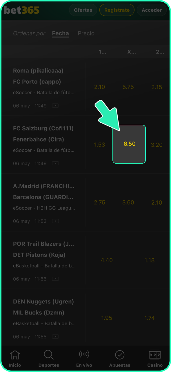 Elige tu apuesta y confirma el proceso en Bet365.
