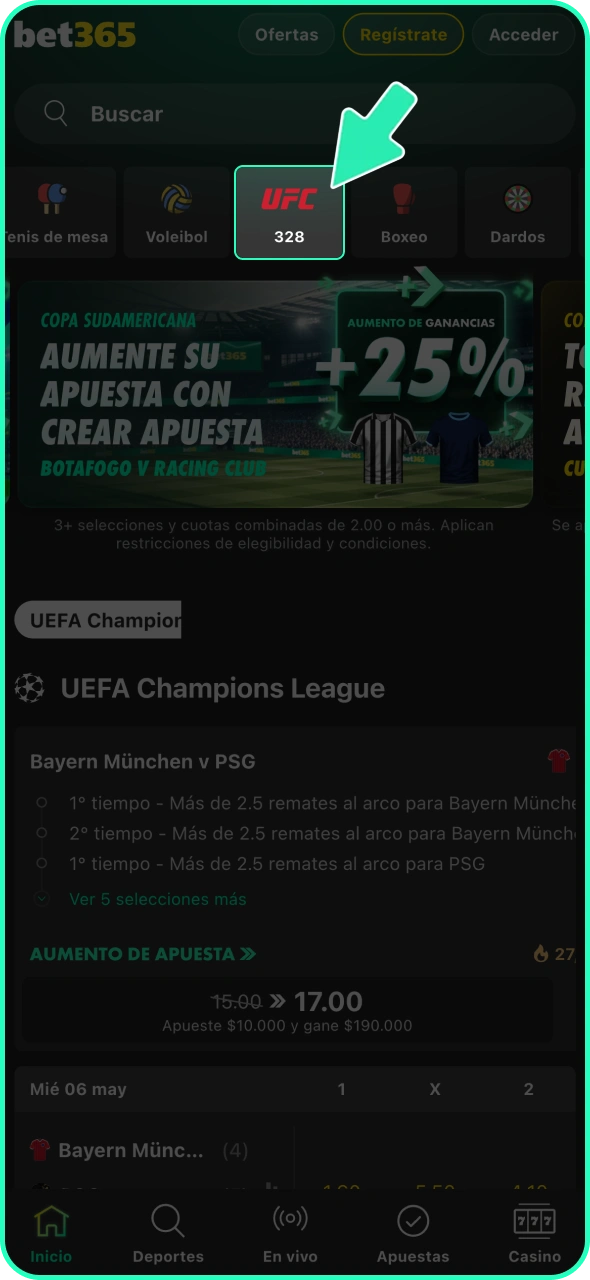 Ve a la sección de deportes de Bet365 y elige MMA.