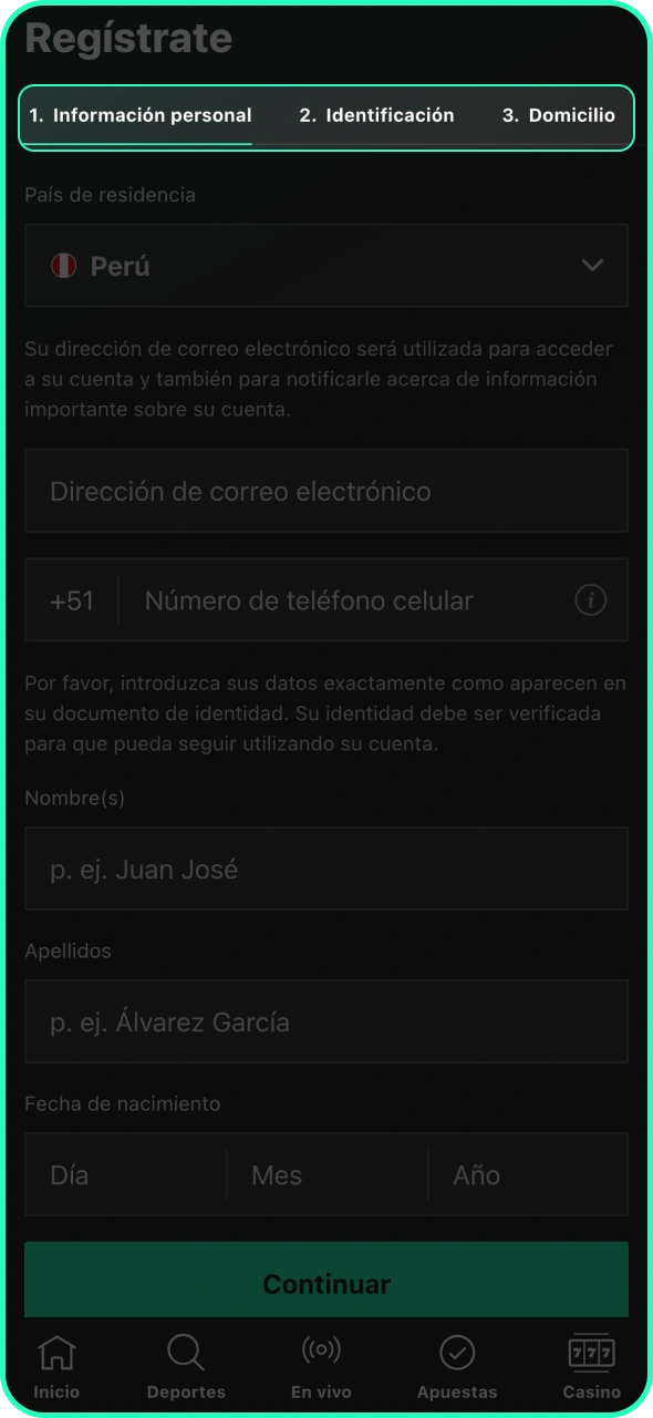 Completa tu información personal en la aplicación de Bet365.