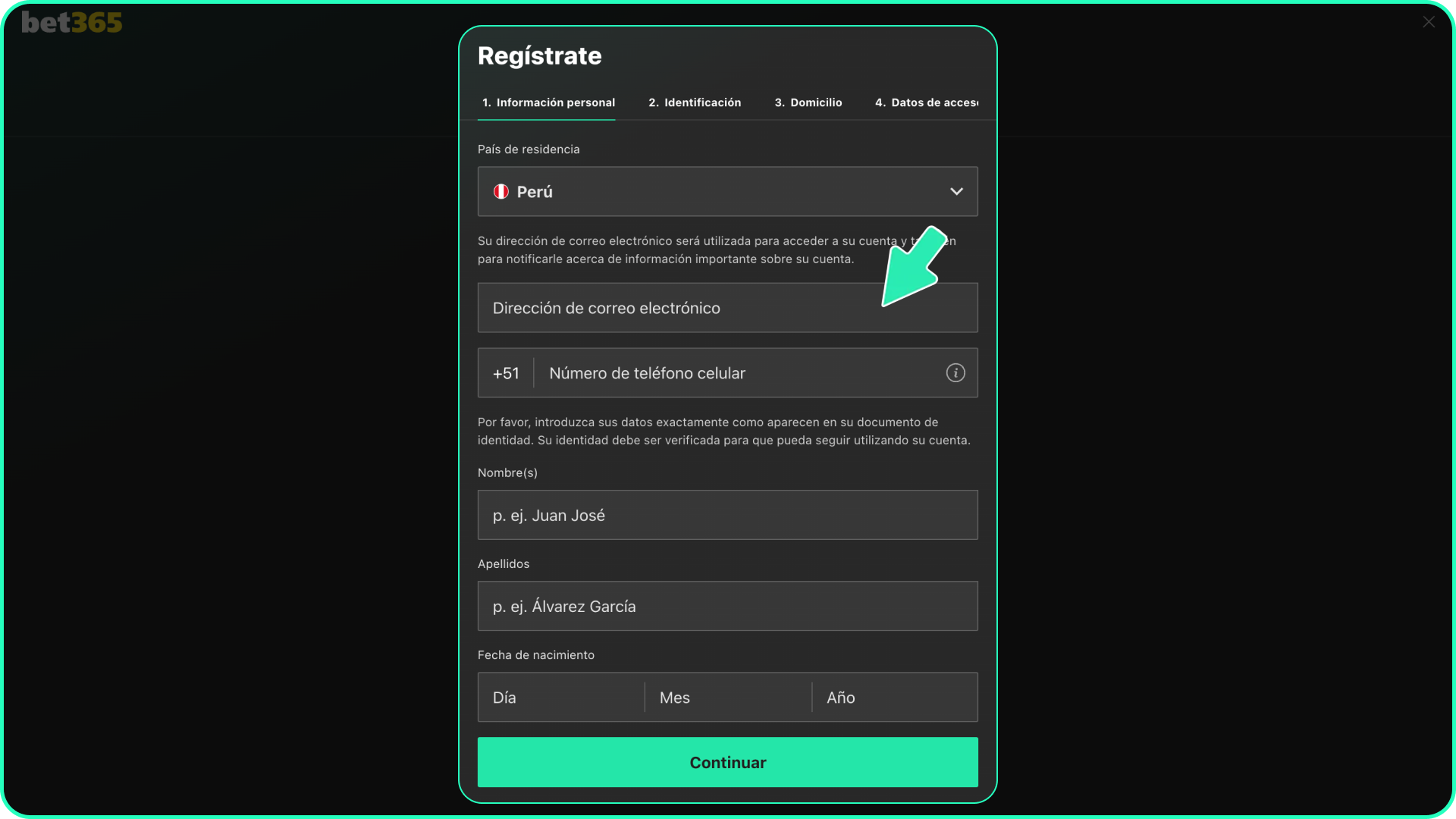 Introduce toda la información requerida en el formulario de registro de Bet365.