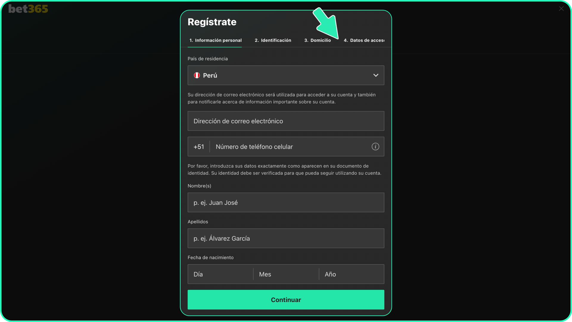 Elige un nombre de usuario y una contraseña segura para la plataforma Bet365.