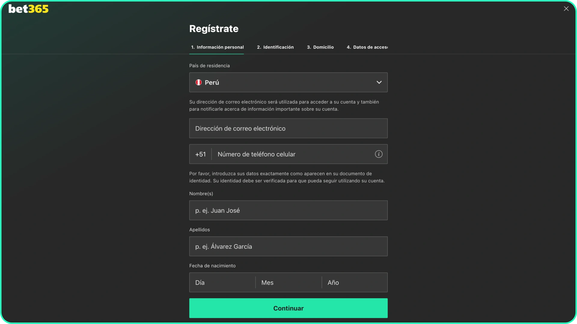 Elige tu método de registro en Bet365.