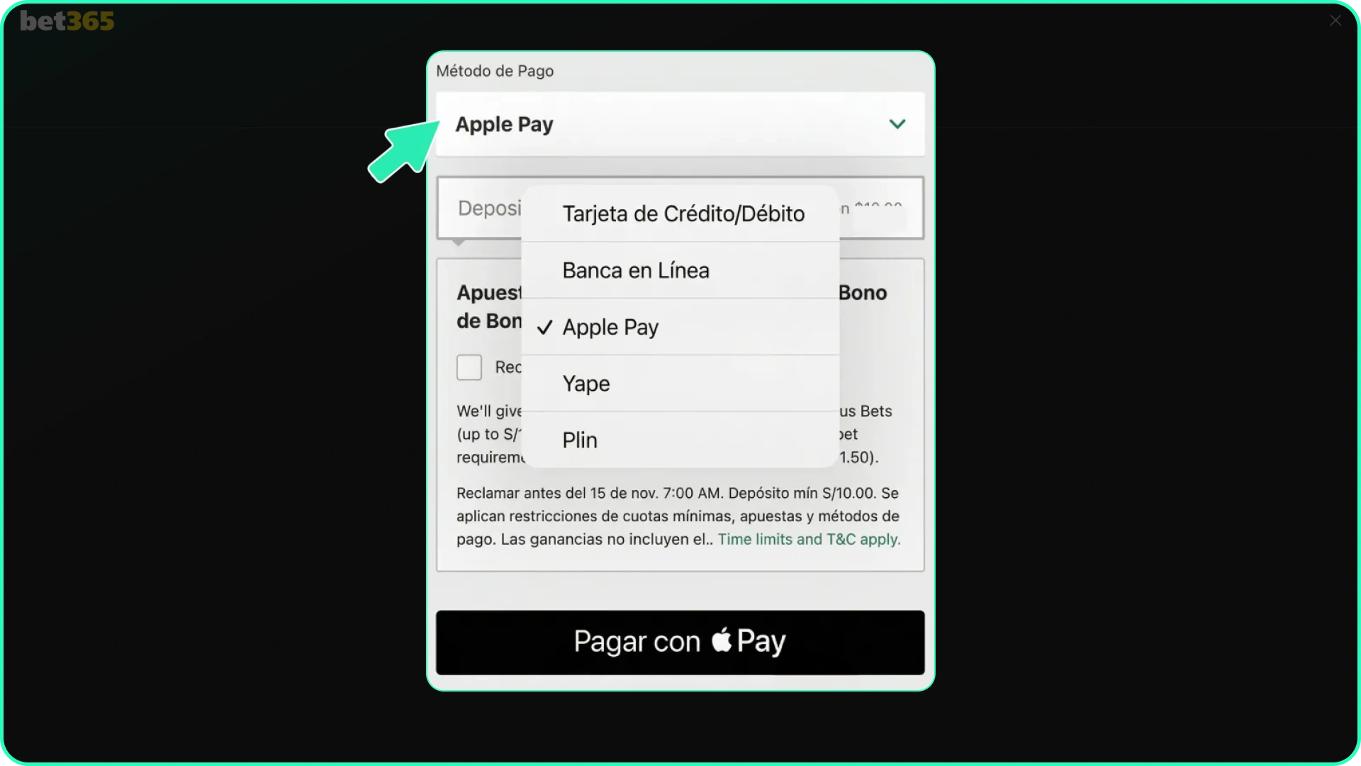 Seleccione un método de pago disponible en Bet365 Perú.