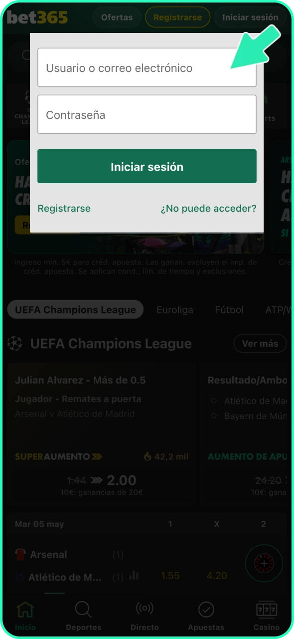Inicia sesión en tu cuenta de Bet365.