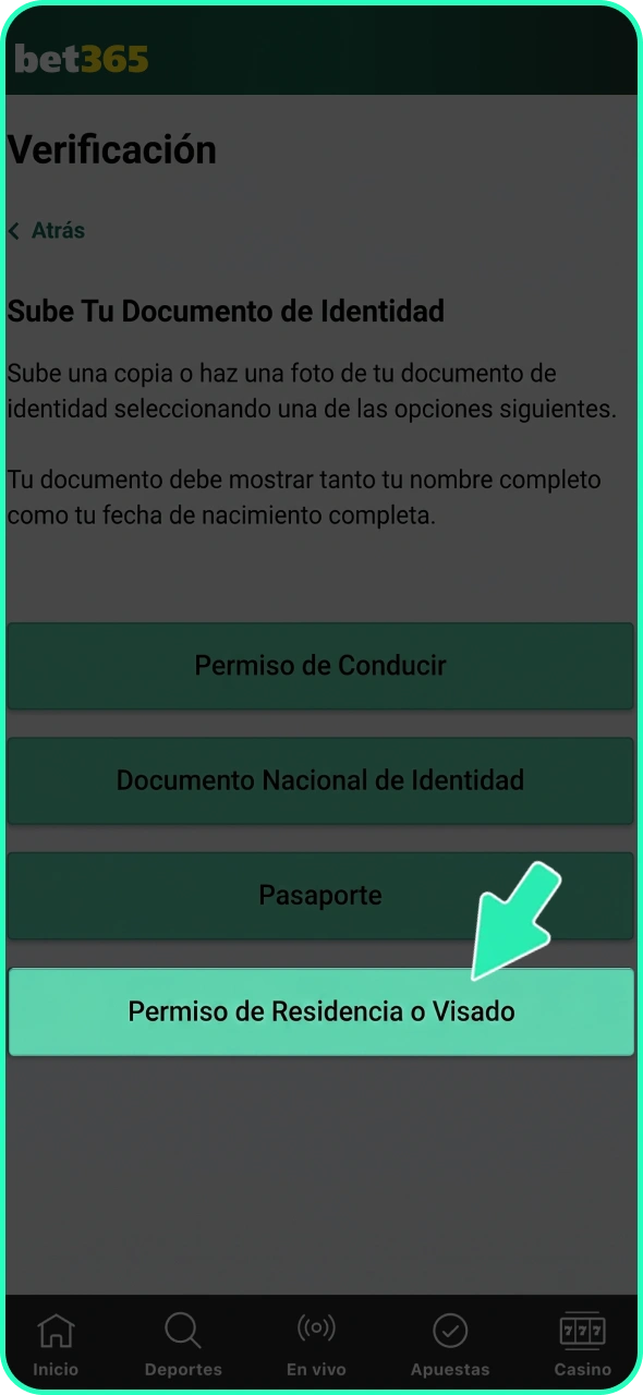 Sube a Bet365 un documento que confirme tu domicilio.