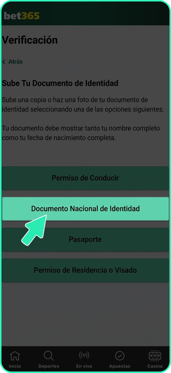 Sube tu documento de identidad en la sección de verificación de Bet365.