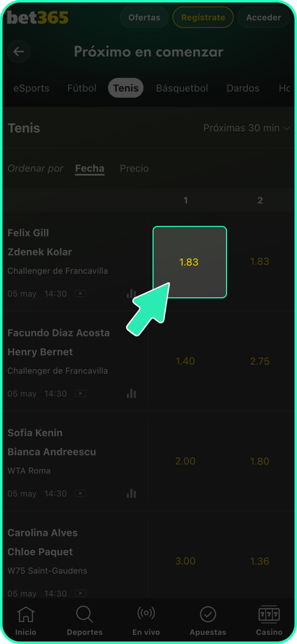 Toca la cuota de tenis seleccionada y confirma la apuesta en Bet 365.