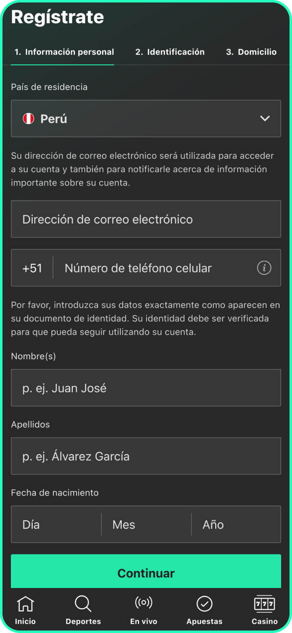 Completa el registro en Bet365 utilizando tus datos personales.