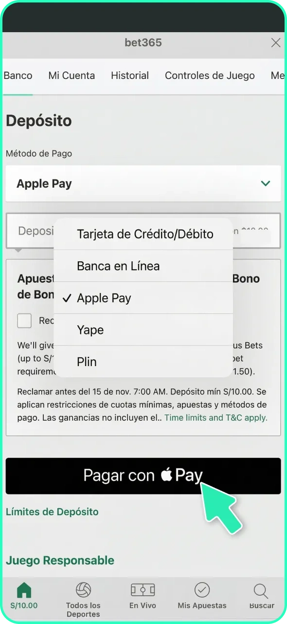 Recarga tu cuenta personal de Bet365.