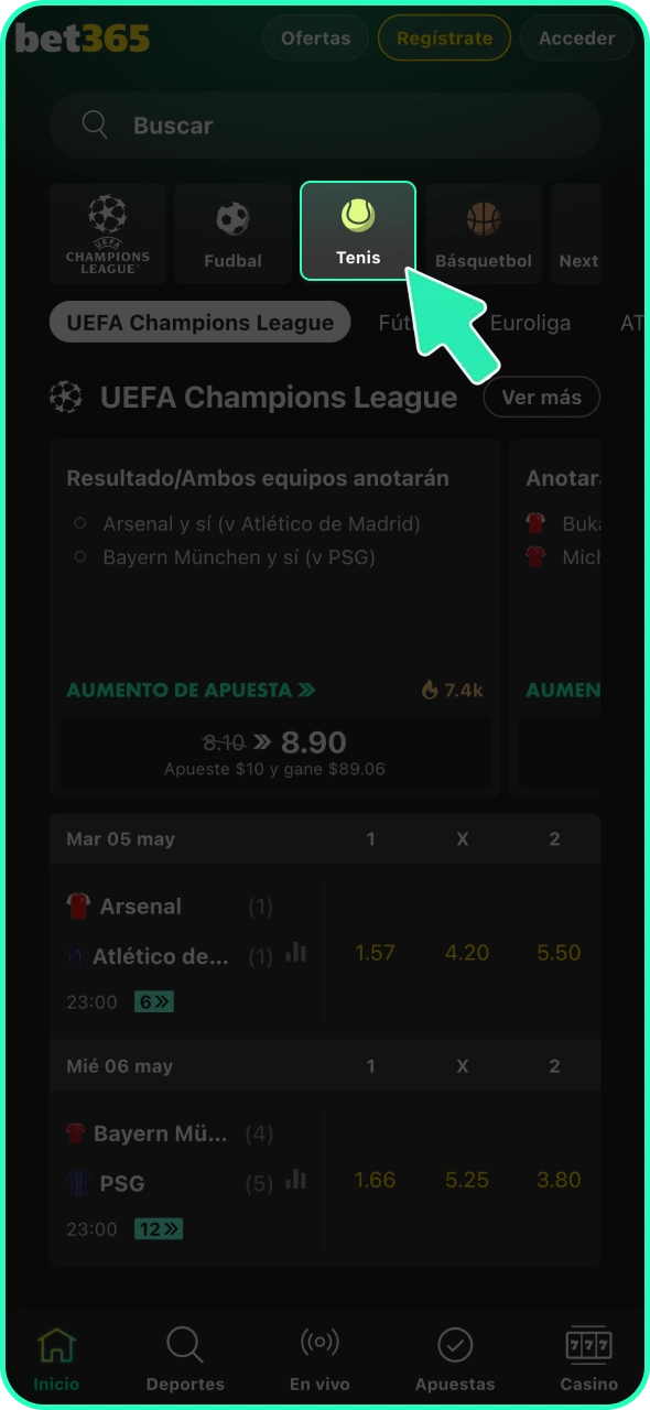 Ve a la sección de tenis de Bet365.